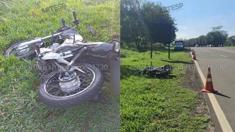 Motocicleta saiu do trajeto e acabou se chocando contra uma placa de sinalização existente no local |