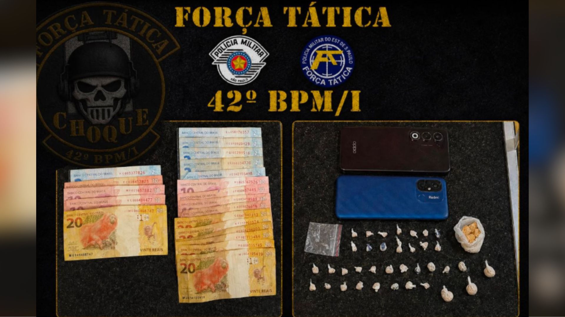 Também foram apreendidos dinheiro, celulares e uma planta com características semelhantes a maconha.