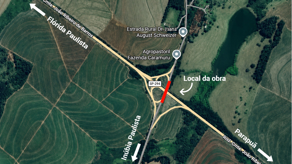 Viaduto atual será demolido para dar lugar a uma nova estrutura, mais ampla e adequada à configuração futura da rodovia duplicada, em Inúbia Paulista (SP) |