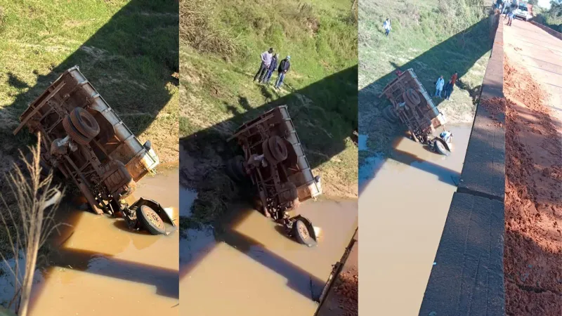 Caminhão caiu de ponte sobre o Rio Santo Antônio, na zona rural, em Emilianópolis (SP) |
